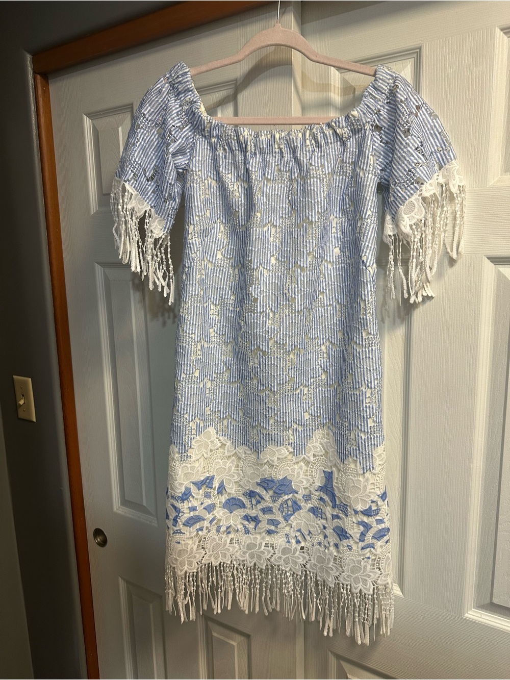Eva Franco Blue and White Off-Shoulder Lace Fringe Dress